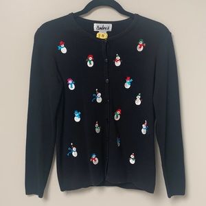 Ambra Christmas Winter Cardigan Sweater Snowman Black Button Size Small